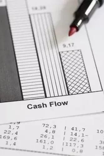 A close-up image of a financial report displaying a cash flow chart with bar graphs and numerical data.